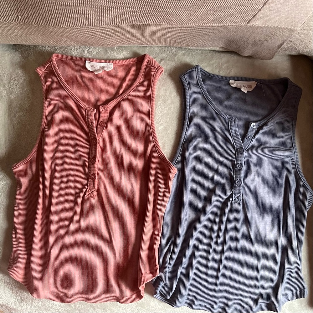 Pink Rose Ribbed Henley Tank Tops - Coral and Slate